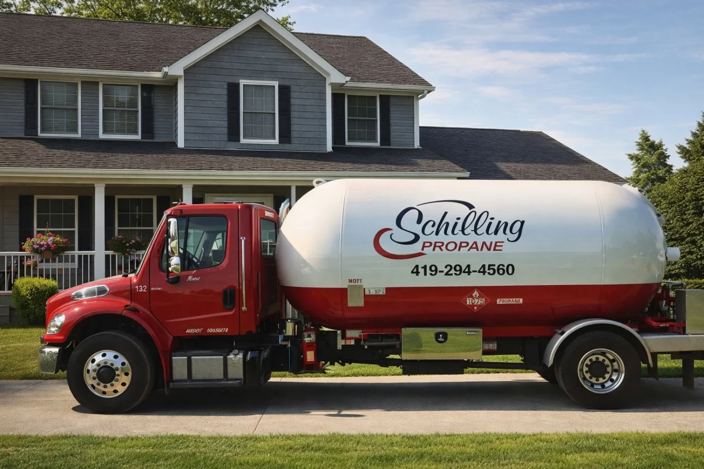 Schilling Propane truck making a delivery in a customer's driveway